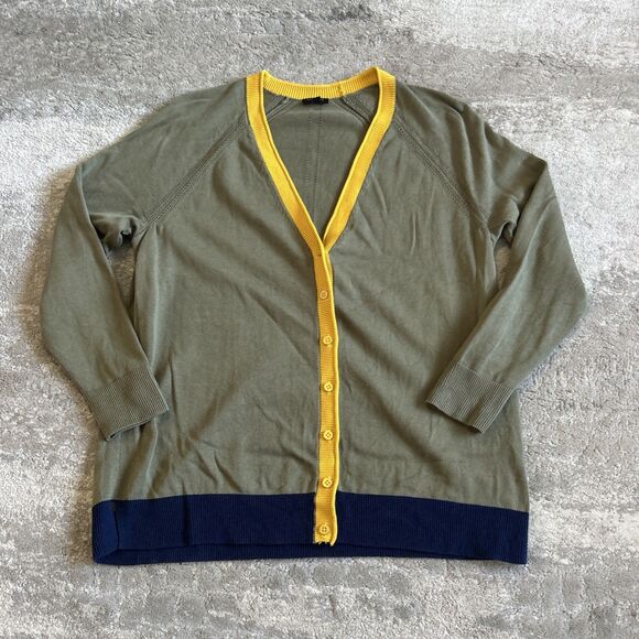 Talbots Cardigan Sweater Womens XL Petite Olive Green Navy Yellow Trim Cotton - Picture 1 of 7